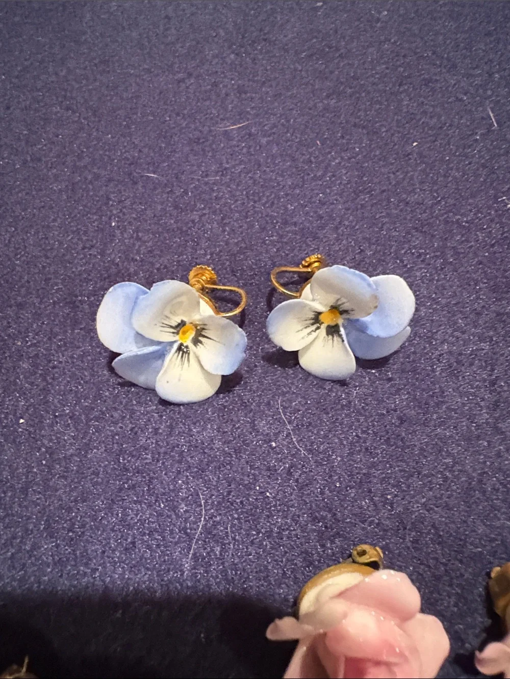 Vintage porcelain Flower clip and stud Earrings - Blue and Pink Floral Set